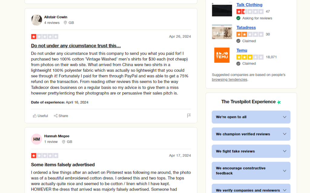 Trustpilot 负面 Reviews